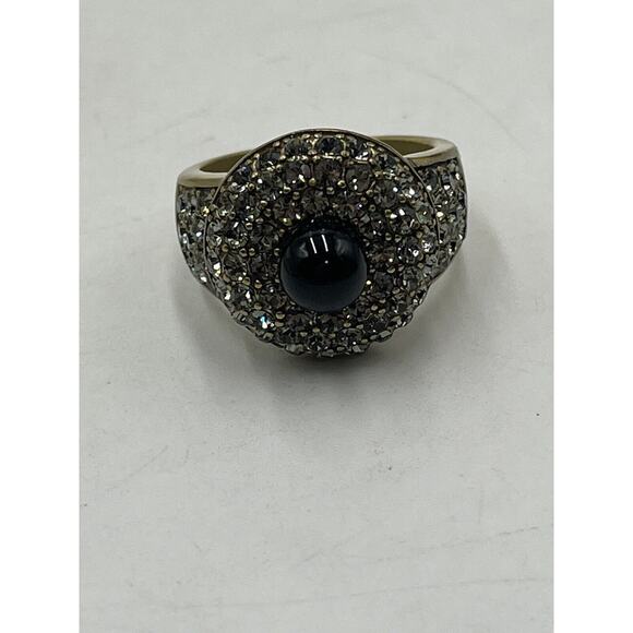 Heidi Daus Antiqued Gold Tone Black Faux Pearl Pave Crystal Cocktail Ring Sz 9.5 - Picture 9 of 9